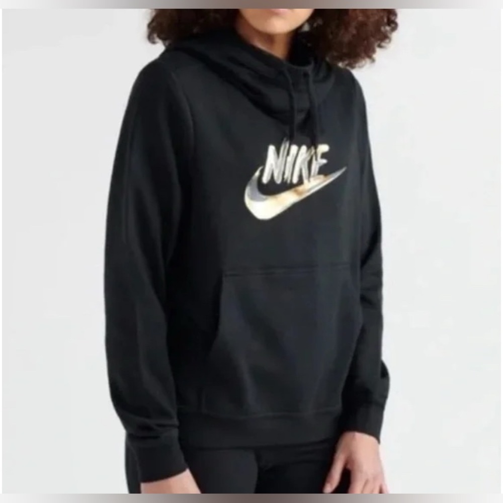 Nike Black Oversized Funnel Neck Fleece Hoodie with Gold Logo